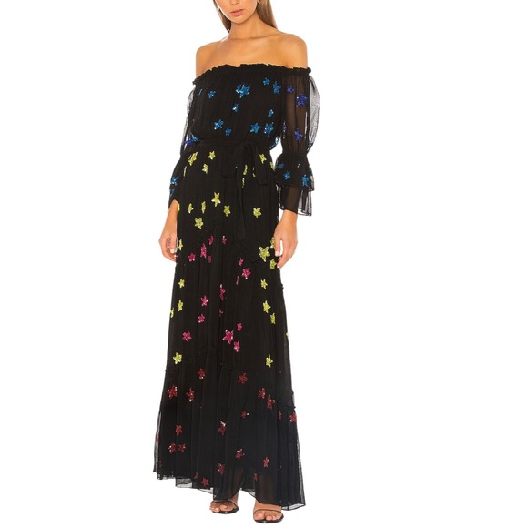 Off Shoulder Maxi Dress Colorful Star Print Long Sleeve Bohemian Style - Picture 1 of 4